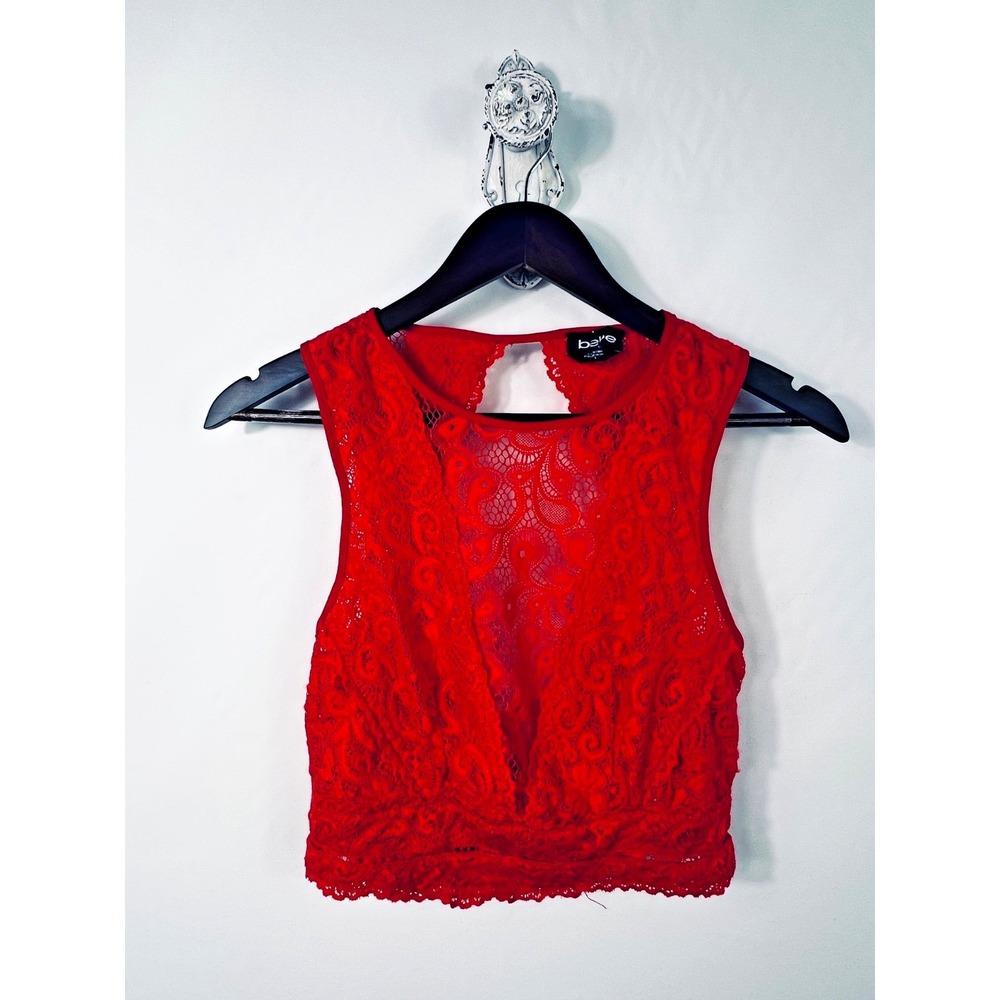 Bebe Crop Top Womens S Red Fiery Red Lace Open Back Sleeveless 60RZF103X494